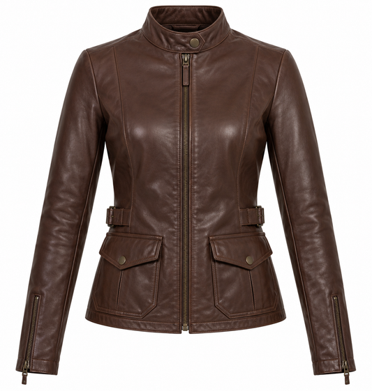 Women’s Brown Sheepskin Leather Buckle-Waist Stand-Collar Racer Jacket — W026