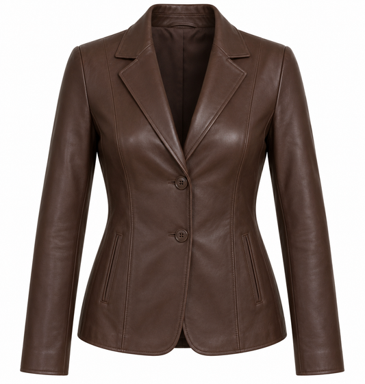 Women’s Brown Sheepskin Leather Princess-Seam Tailored Blazer Jacket — W031