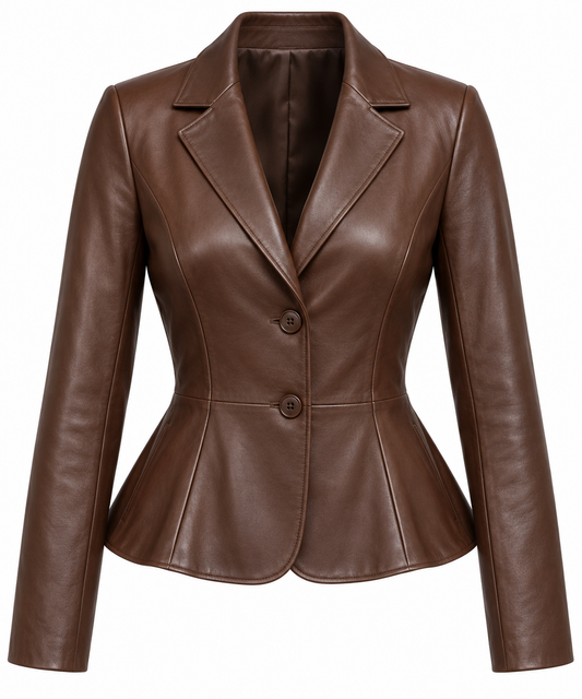Women’s Brown Sheepskin Leather Peplum Tailored Blazer Jacket — W032