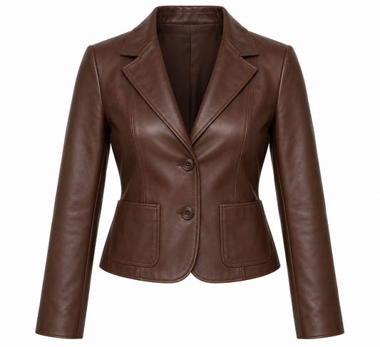 Women’s Brown Sheepskin Leather Cropped Patch-Pocket Tailored Blazer Jacket — W033