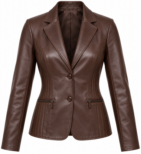 Women’s Brown Sheepskin Leather Channel-Panel Tailored Blazer Jacket — W035