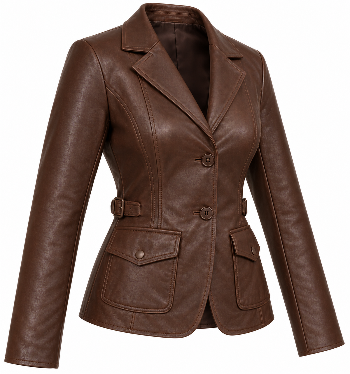 Women’s Brown Sheepskin Leather Buckle-Waist Tailored Blazer Jacket — W036