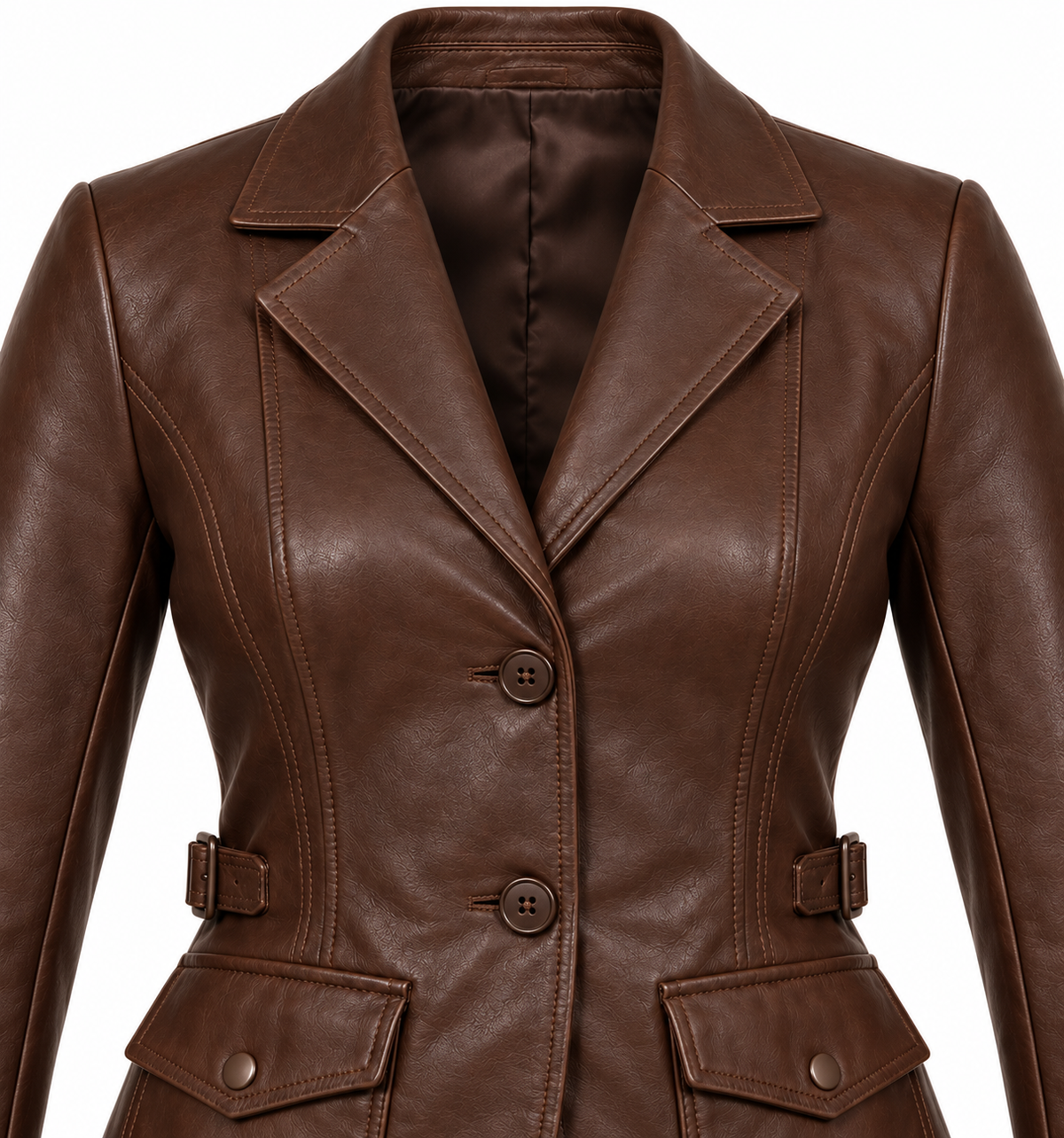 Women’s Brown Sheepskin Leather Buckle-Waist Tailored Blazer Jacket — W036