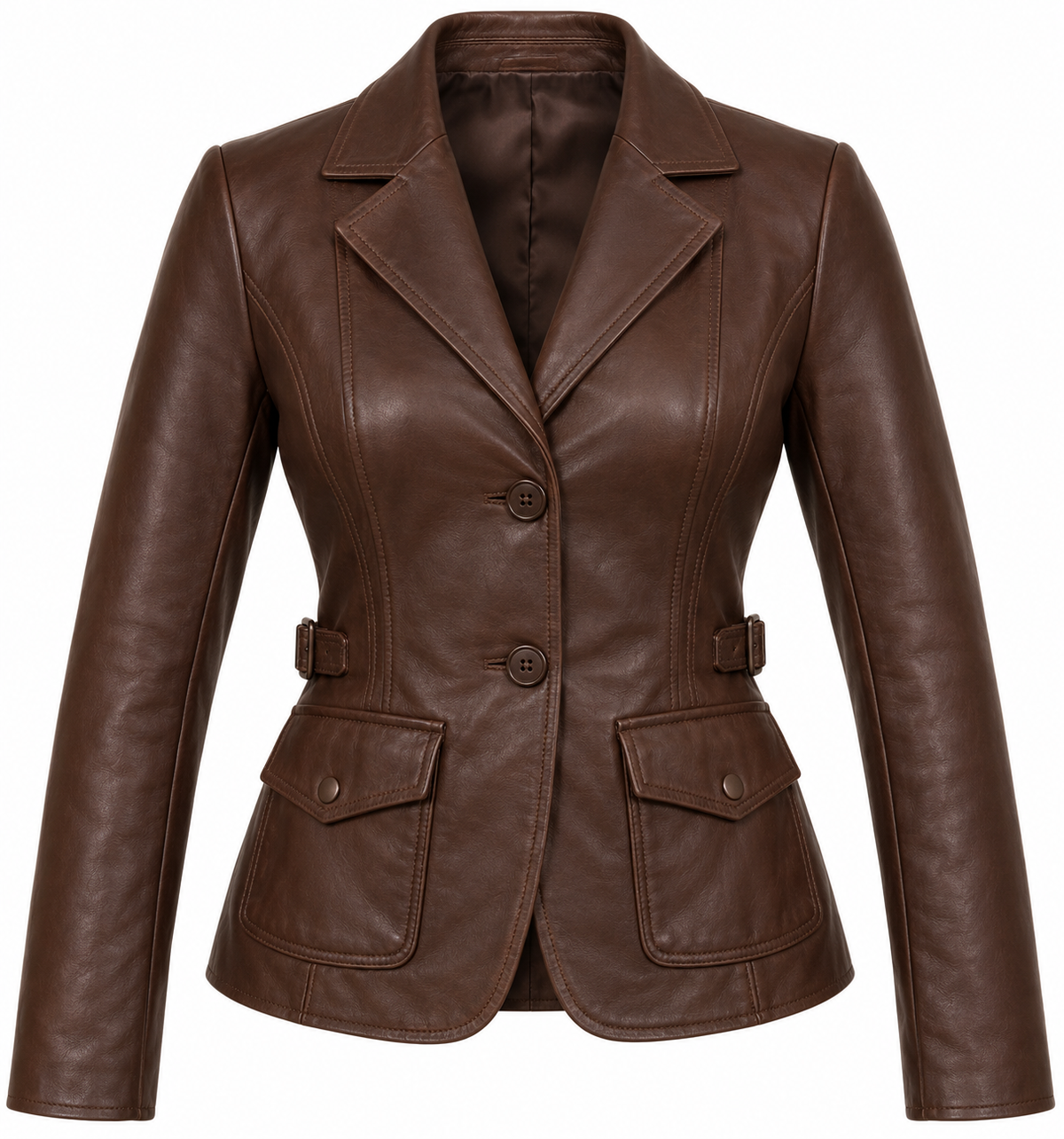 Women’s Brown Sheepskin Leather Buckle-Waist Tailored Blazer Jacket — W036