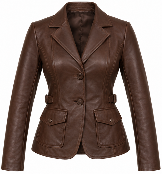 Women’s Brown Sheepskin Leather Buckle-Waist Tailored Blazer Jacket — W036