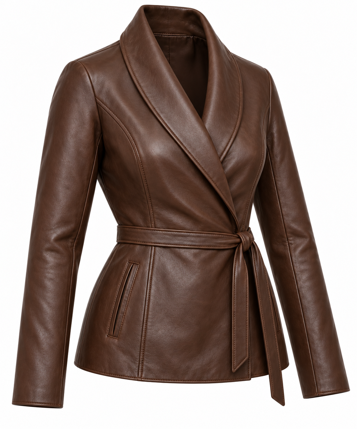 Women’s Brown Sheepskin Leather Princess-Seam Shawl Wrap Jacket — W041