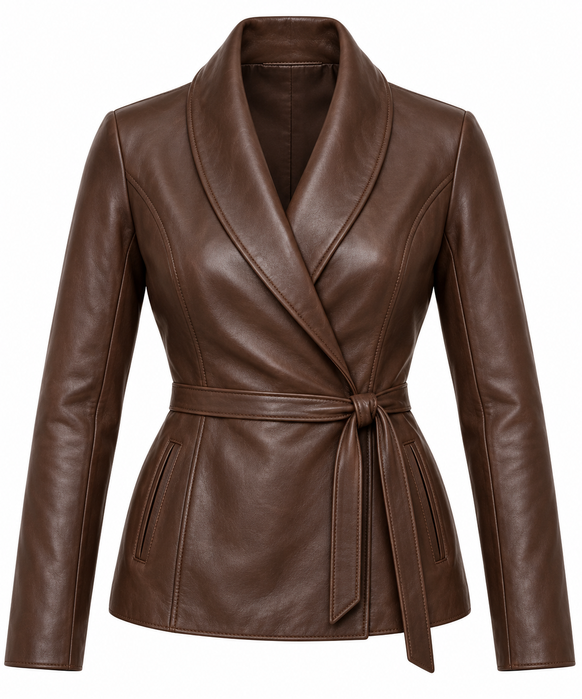 Women’s Brown Sheepskin Leather Princess-Seam Shawl Wrap Jacket — W041