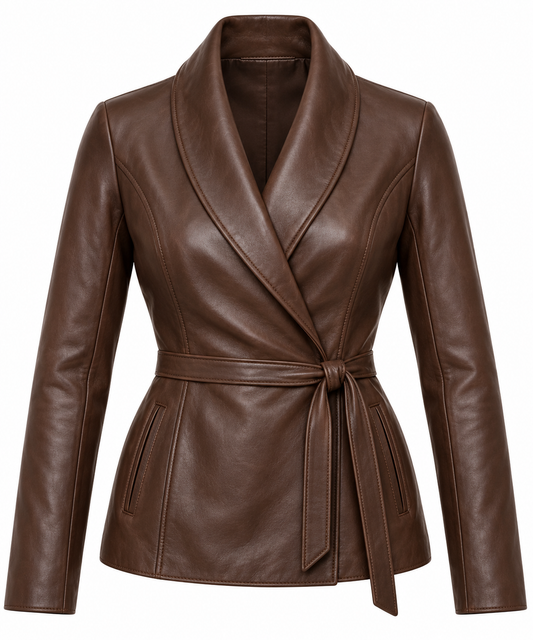 Women’s Brown Sheepskin Leather Princess-Seam Shawl Wrap Jacket — W041