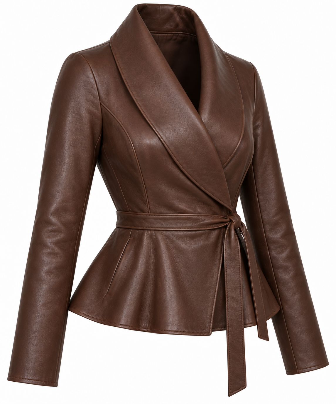 Women’s Brown Sheepskin Leather Peplum Shawl Wrap Jacket — W042