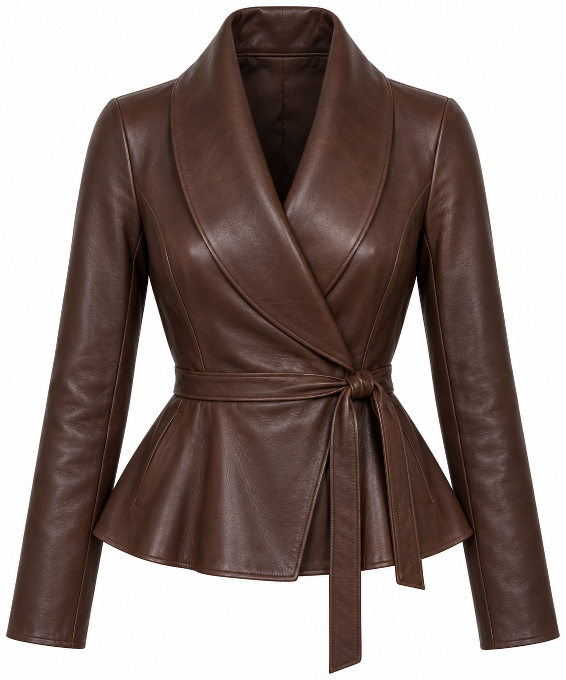 Women’s Brown Sheepskin Leather Peplum Shawl Wrap Jacket — W042