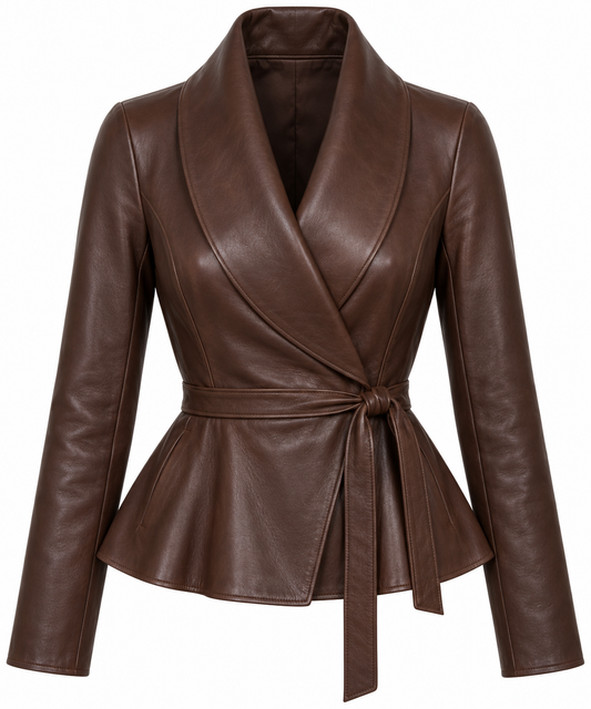 Women’s Brown Sheepskin Leather Peplum Shawl Wrap Jacket — W042