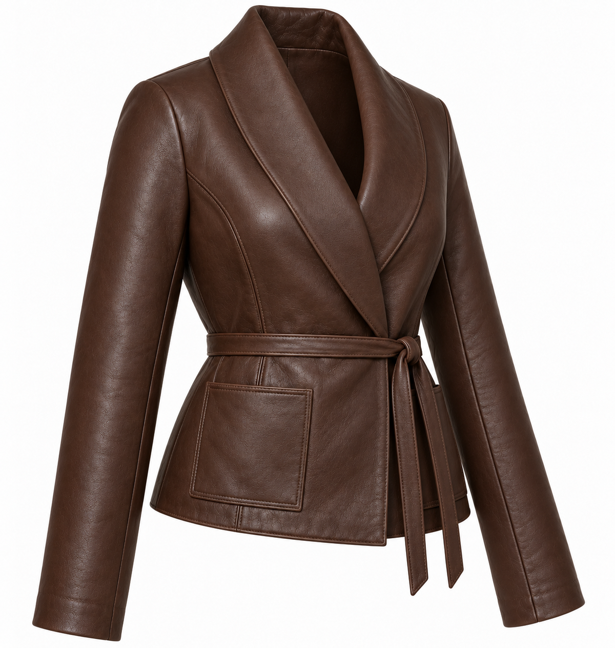 Women’s Brown Sheepskin Leather Cropped Patch-Pocket Shawl Wrap Jacket — W043