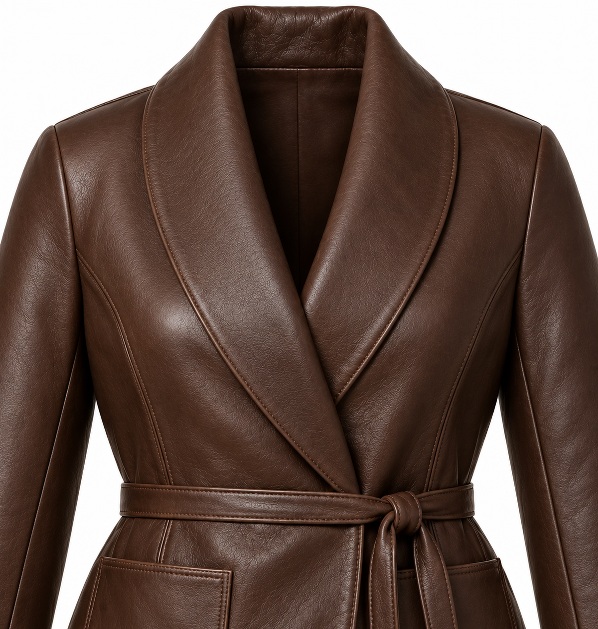 Women’s Brown Sheepskin Leather Cropped Patch-Pocket Shawl Wrap Jacket — W043
