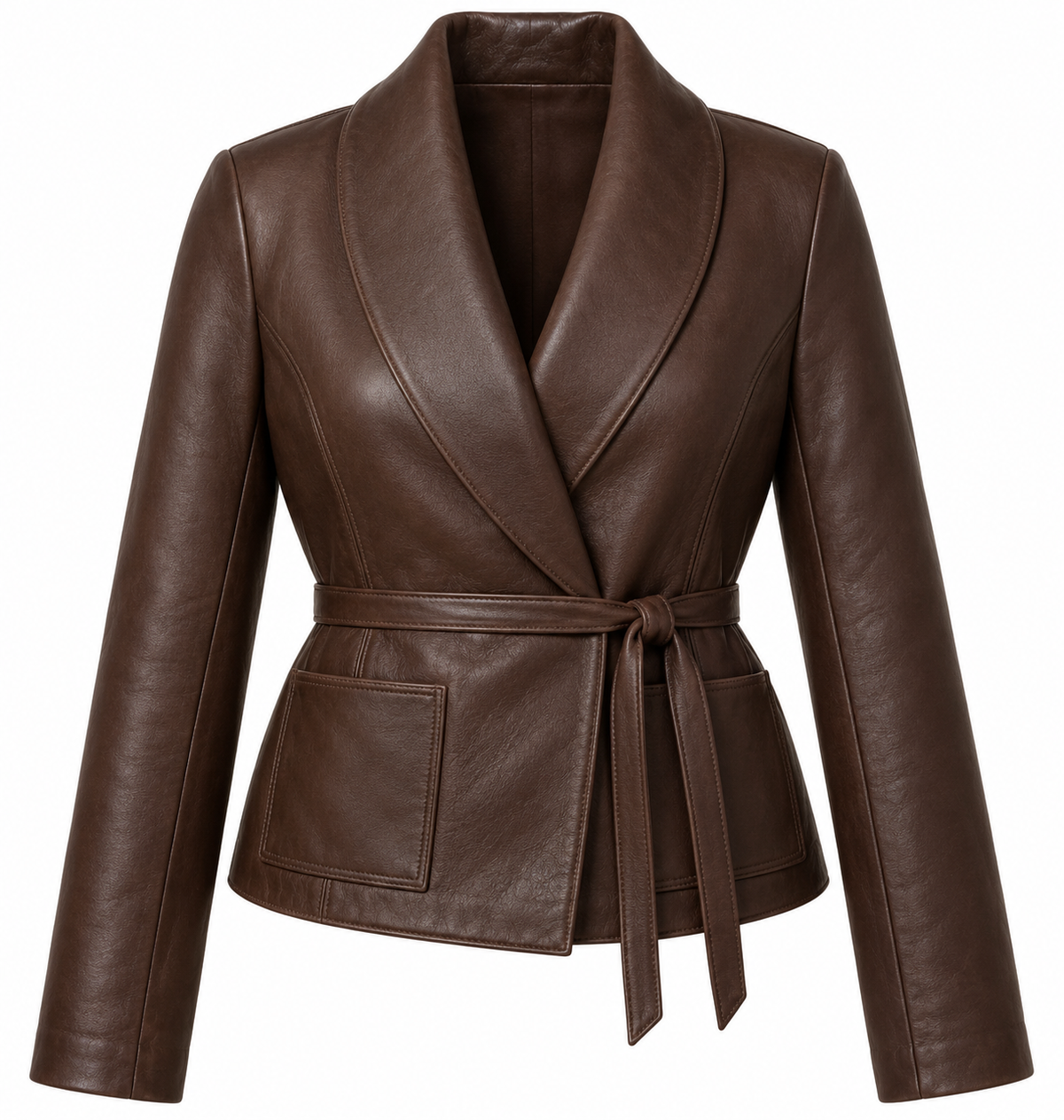Women’s Brown Sheepskin Leather Cropped Patch-Pocket Shawl Wrap Jacket — W043