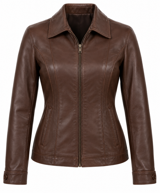 Women’s Brown Sheepskin Leather Princess-Seam Point-Collar Blouson Jacket — W061