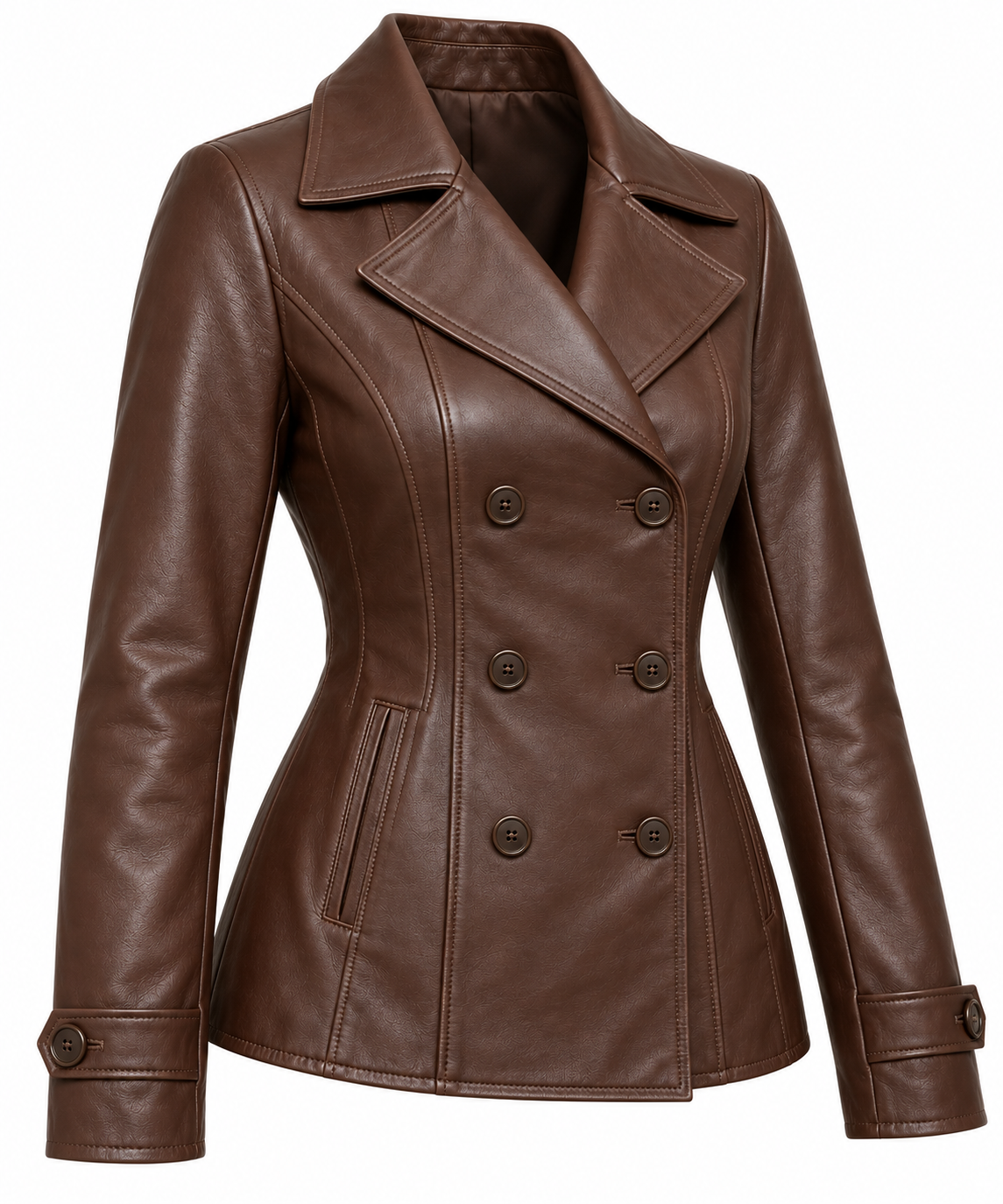 Women’s Brown Sheepskin Leather Princess-Seam Double-Breasted Jacket — W071