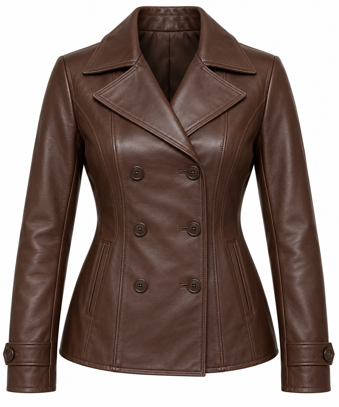 Women’s Brown Sheepskin Leather Princess-Seam Double-Breasted Jacket — W071