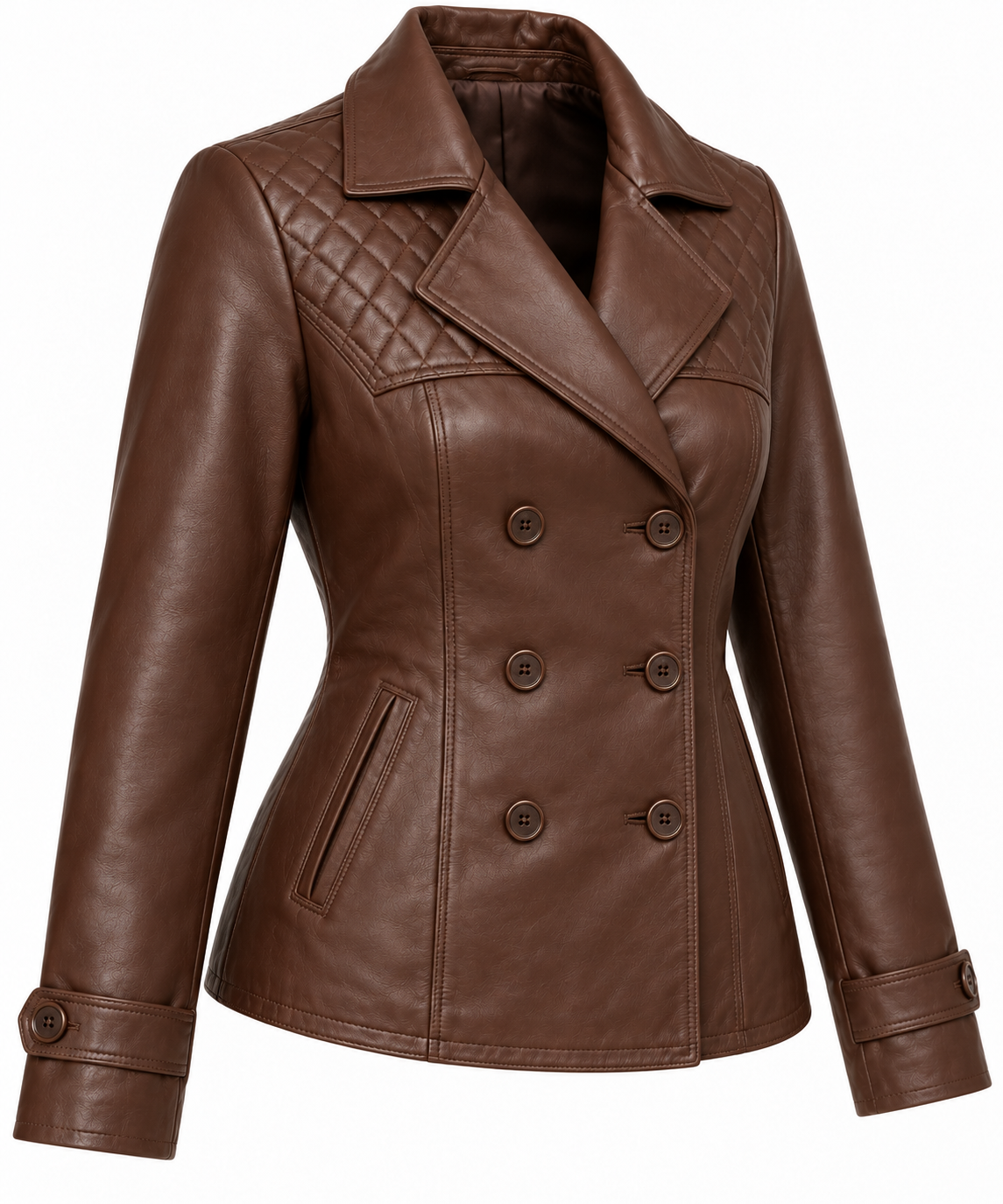 Women’s Brown Sheepskin Leather Diamond-Yoke Double-Breasted Jacket — W074