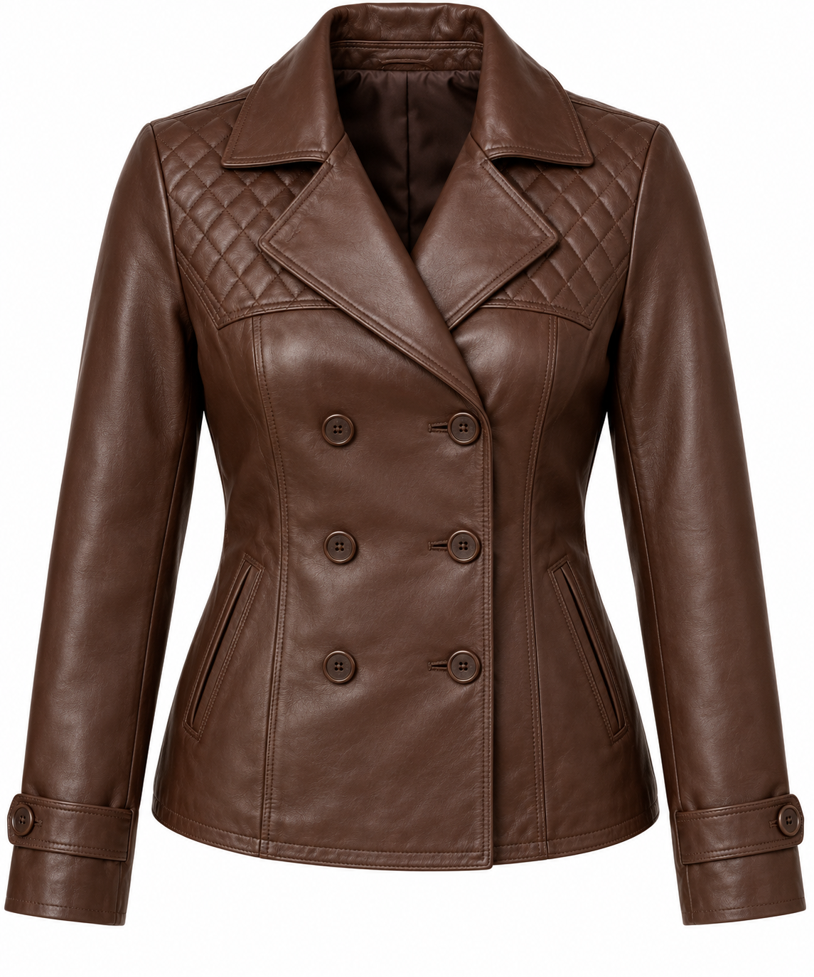 Women’s Brown Sheepskin Leather Diamond-Yoke Double-Breasted Jacket — W074