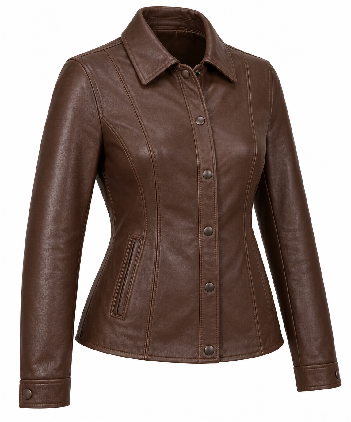 Women’s Brown Sheepskin Leather Princess-Seam Leather Overshirt Jacket — W091