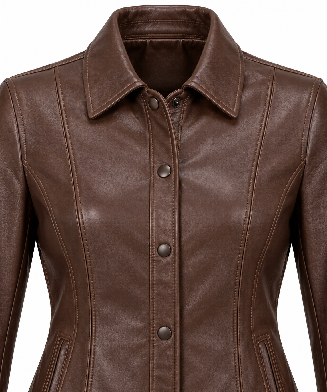 Women’s Brown Sheepskin Leather Princess-Seam Leather Overshirt Jacket — W091