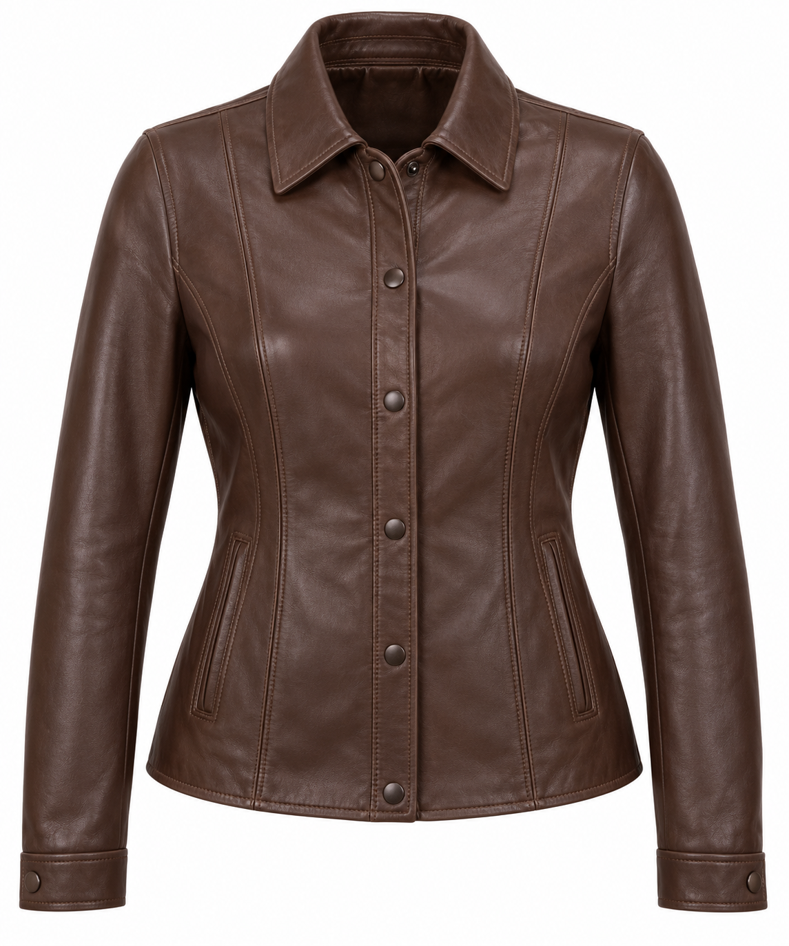 Women’s Brown Sheepskin Leather Princess-Seam Leather Overshirt Jacket — W091