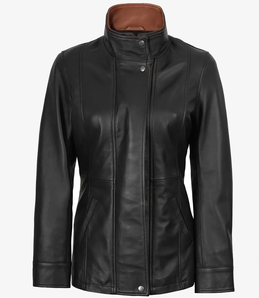 Sowachi Women's High-Collar Black Lambskin Leather Jacket